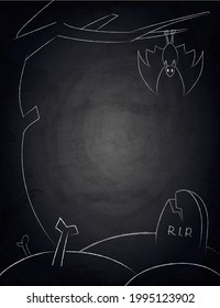 Chalkboard blackboard background for Halloween design with hand drawn creepy tree, bat and graveyard