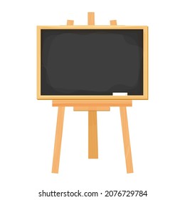 Chalkboard, blackboard on wooden easel tripod in cartoon style isolated on white background. Presentation empty frame.