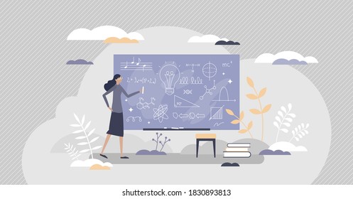 Chalkboard or blackboard with teacher writing scribble as explanation notes tiny person concept. School lesson education and knowledge process with math, physics or music learning vector illustration.