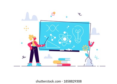 Chalkboard or blackboard with teacher writing scribble as explanation notes tiny person concept. School lesson education and knowledge process with math, physics or music learning vector illustration.