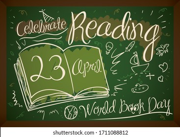Chalkboard con libro abierto, explorando un nuevo mundo de fantasía con cohetes, barcos, globos, submarinos, pegasus, corazones y fiestas que celebran la lectura en este Día Mundial del Libro el 23 de abril.