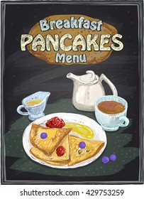 Chalkboard breakfast menu design with pancakes, cup of tea and honey