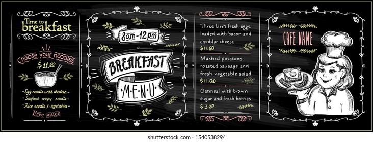 Chalkboard breakfast menu set with graphic chef cook portrait, chalk hand drawn vector illustration