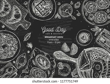 Chalkboard breakfast top view illustration. Various food background. Engraved style illustration. Hero image. Vector illustration