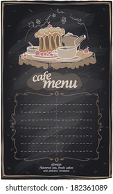 Menú de café de pizarra con pastel y lugar para el texto.