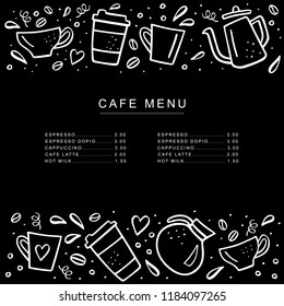 Chalkboard cafe menu with coffee cups and coffee pods in doodle style. Handdrawn vector illustration.
