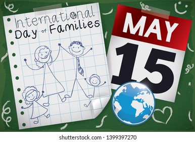 Chalkboard, calendar, globe and notebook paper with a cute doodle drawing with happy family: mom, dad, bro and sis celebrating International Day of Families.
