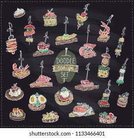 Chalkboard canapes and sandwiches, hand drawn vector illustration