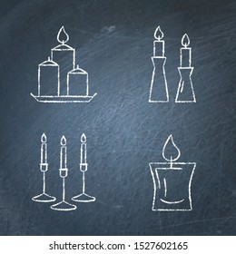 Chalkboard candle icons set in line style. Light source with burning flame signs. Home interior decor symbols sketch on blackboard. Vector illustration.