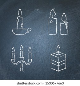 Chalkboard candle icons set in line style. Light sources with burning flame. Home interior decor symbols sketch on blackboard. Vector illustration.