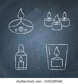 Chalkboard candle icons set in line style. Light source with burning flame objects. Decoration symbols sketch on blackboard. Vector illustration.