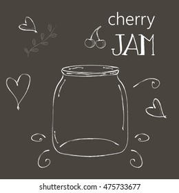 Chalkboard with cartoon style jar cherry jam. Hand drawn illustration and lettering. Unique vector sketch, elegant design elements, cherries, swirls, hearts, laurel, leaves for banner or poster. 