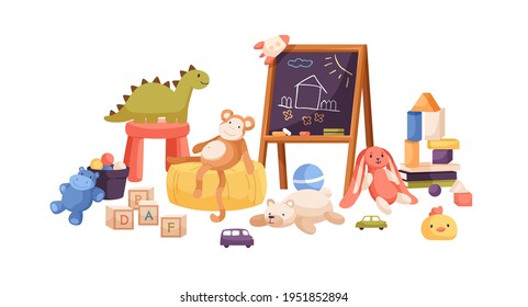 Chalkboard with childish drawings, kids toys, balls, teddy bear, cars, books, cubes and blocks for kindergarten. Composition of nursery items. Flat cartoon vector illustration isolated on white
