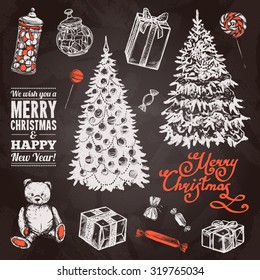 Chalkboard chrismas set with hand drawn pine tree sweets and gift boxes isolated vector illustration