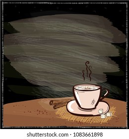 Chalkboard coffee menu board with empty space for text, hand drawn illustration