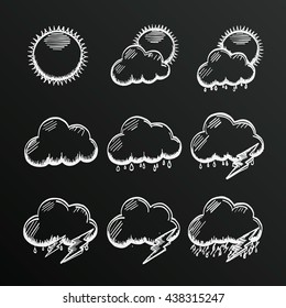 Chalkboard collection clouds icon, sketch cloud and sun, weather phenomenon, template design element, Vector illustration