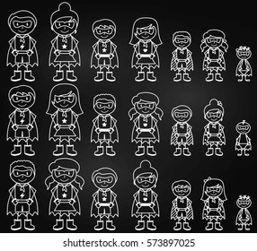 Chalkboard Collection of Diverse Stick Figure Superheroes or Superhero Families - Vector Format 