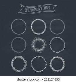 Chalkboard collection of handdrawn floral wreaths. Romantic wreath with copyspace for your text. Save the date, wedding or invitation card design element. 
