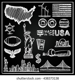 Chalkboard Collection of icons of the United States, America sketch set, Usa collection sign, Vector illustration