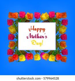 Chalkboard with colorful bright tulip flowers on blue background. Happy Mother's day card.Vector illustration. 
