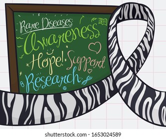 Chalkboard with colorful messages promoting awareness, support, research and hope with doodles and zebra print ribbon over squared background to commemorate the people with Rare Diseases.