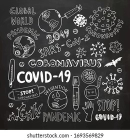 Chalkboard concept of coronavirus clipart vector illustration. Coronavirus global pandemic illustration. Virus doodles. Chalk Drawing.