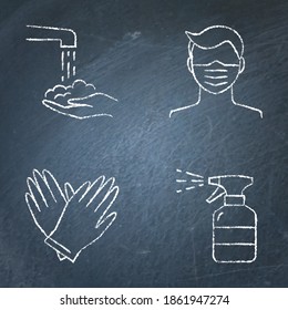 Chalkboard coronavirus prevention icon set in line style. Protective face mask, hands washing, disinfection and rubber gloves symbol sketches on blackboard. Vector illustration.