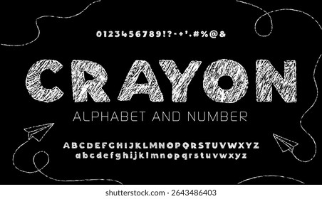 Chalkboard Crayon Kids Alphabet – Hand-Drawn White Font in Scribble Style Imitating Chalk on Black Background for School Posters, Education Materials, and Fun Designs.