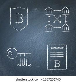 Icono de criptodivisa de tablero de etiquetas establecido en estilo de línea. Seguridad de bitcoin, libro mayor distribuido, clave digital y símbolos de contrato inteligentes. Ilustración vectorial.