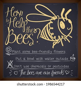 Chalkboard with cute doodles drawings: happy bee, flowers and big reminder  date for Bee Day celebration: 20th May.