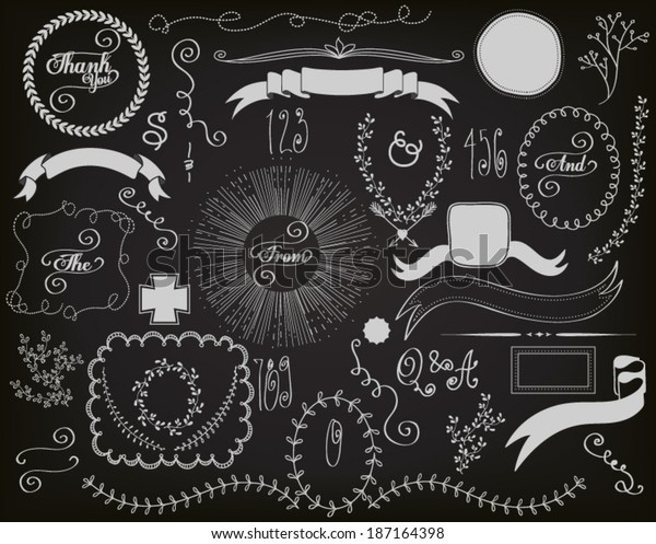Chalkboard Design Elements -\
Blackboard design elements and decoration, including banners,\
ribbons, frames, branches, swirls, curls and sunburst, hand drawn\
