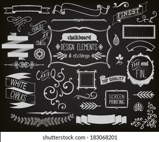 Chalkboard Design Elements and Etchings - Blackboard clip art including frames, ribbons, banners, dividers, branches, brackets and typography