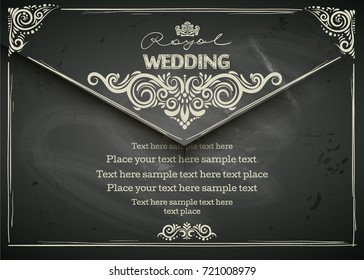 Chalkboard designed Vintage card with elegant decoration, CALLIGRAPHIC elements, elegant vignette, wedding invitation, diploma design etc.  Chalkboard background, Letter-postcard design