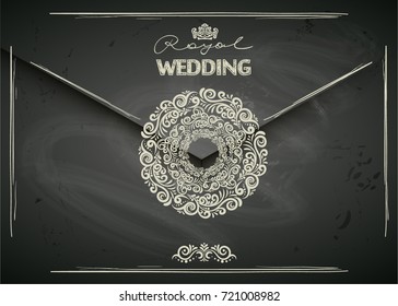 Chalkboard designed Vintage card with elegant decoration, CALLIGRAPHIC round frame, elegant vignette, wedding invitation, diploma design etc.  Chalkboard background, Letter-postcard design