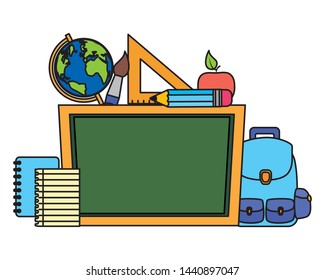 chalkboard desk map ruler book paintbrush pencil apple back to school vector illustration