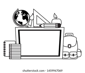 chalkboard desk map ruler book paintbrush pencil apple back to school vector illustration