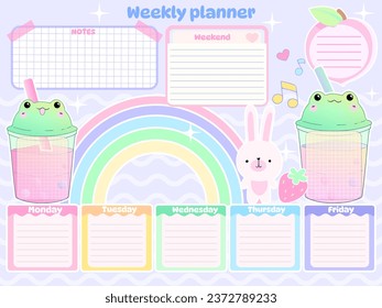 Chalkboard diary kids inspiration notebook elements sticker design personal template kawaii cartoon animal character on paper planner for school timetable notes with frog rainbow bunny strawberry 