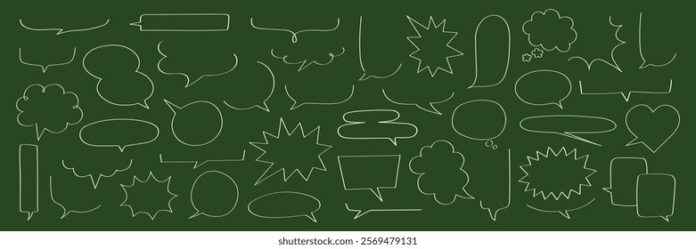 Chalkboard with diverse speech bubbles. Speech bubbles in various shapes. Chalkboard background with speech bubbles. Speech bubbles for creative designs. Message illustration vector.