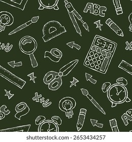 Chalkboard doodle back to school seamless pattern. Repeating educational background with school supplies. Calculator, scissors, magnifying glass, alarm clock. Green background.