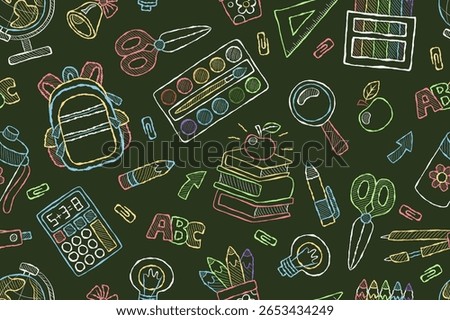Chalkboard doodle back to school seamless pattern. Repeating educational background with school supplies. Green background, colorful chalk elements.