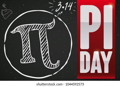 Chalkboard with doodle drawing of pi symbol inside circle, pie dessert and date to commemorate Pi Day celebration in March 14.