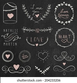 Chalkboard doodle hand drawn graphic flower set for wedding design