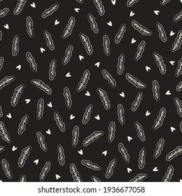 El doodle de pizarra de ramas y corazones de hojas en un lindo patrón blanco y negro. Diseño de patrones sin fisuras vectoriales para textiles, moda, papel, embalaje, embalaje y marca