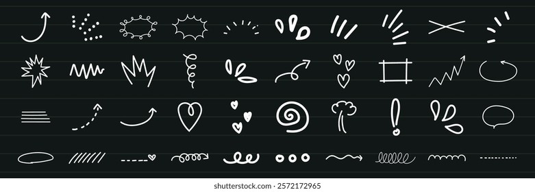 Chalkboard doodles with arrows, hearts, and swirls. Hand-drawn arrows, hearts, and swirls. Creative chalkboard doodles featuring arrows, hearts, and swirls. White doodle elements, vector set.