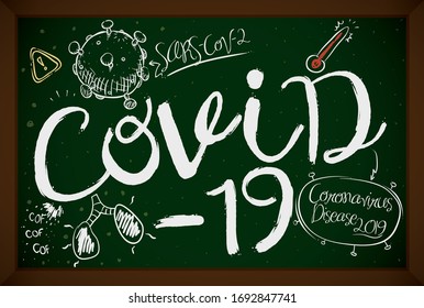 Chalkboard with doodles of coronavirus SARS-CoV-2 representation, depicting the principal afflicted symptoms due COVID-19: cough, sick lungs due respiratory infection and fever with thermometer.