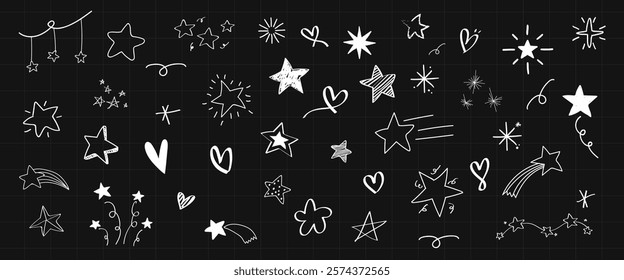 Chalkboard doodles of stars and hearts. Various star and heart designs. Whimsical stars and hearts on a black background. Creative star and heart sketches. Hand drawn vector set.