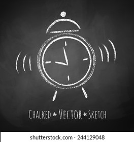 Chalkboard drawing of alarm clock. Vector illustration. Isolated.