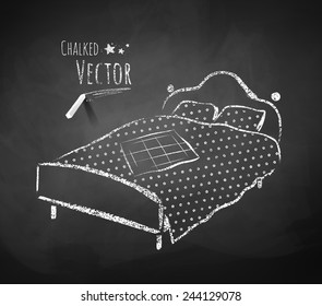 Chalkboard Drawing Of Bed. Vector Illustration. Isolated.