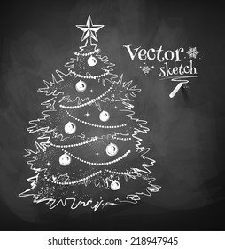 Chalkboard drawing of Christmas tree. Vector illustration. Isolated.