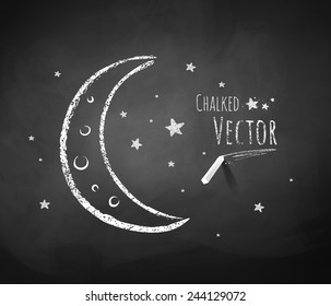 Chalkboard drawing of crescent and stars. Vector illustration. Isolated.